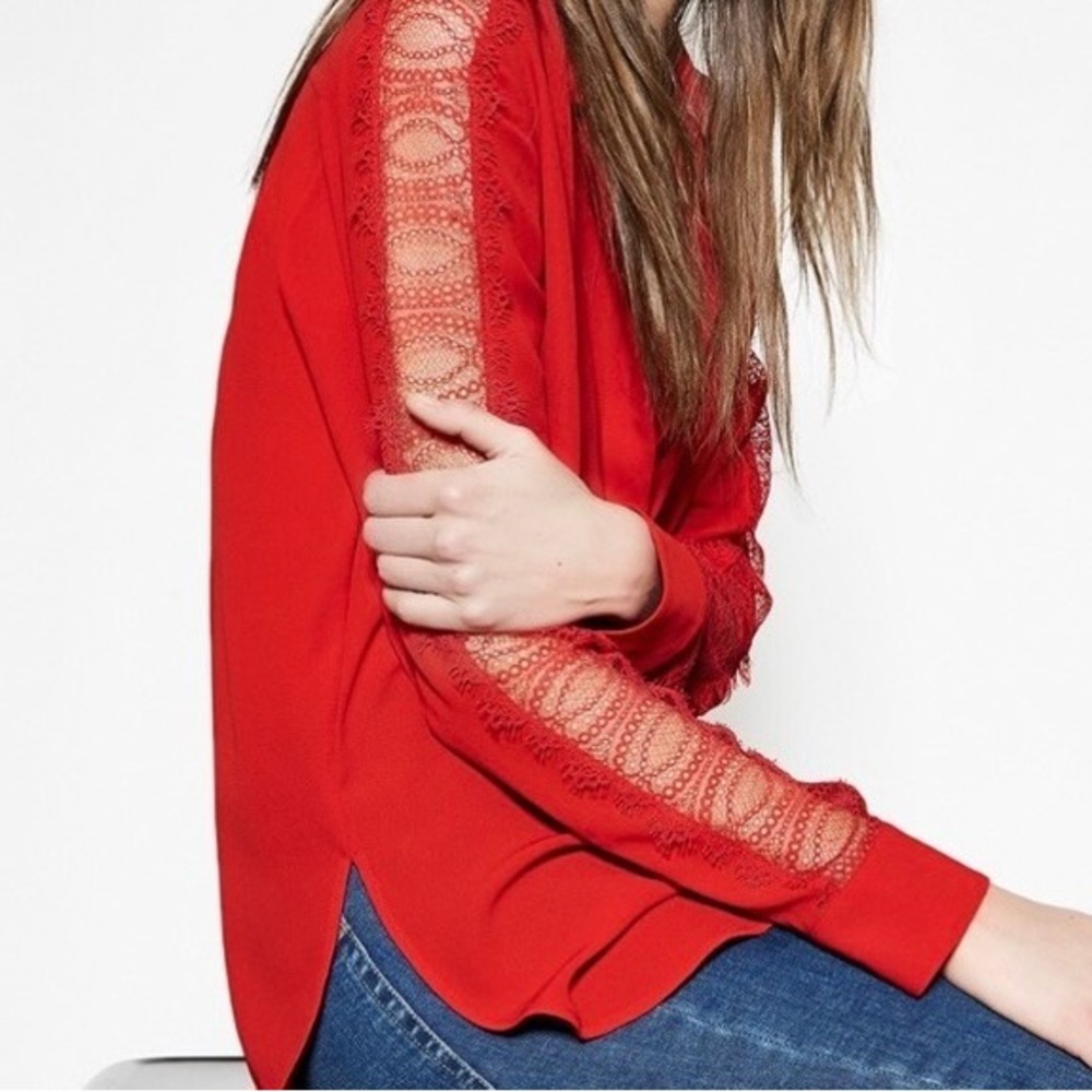 NWT!! THE KOOPLES Red Crepe Lace Shirt Blouse Buttondown Valentine Solid X-Small